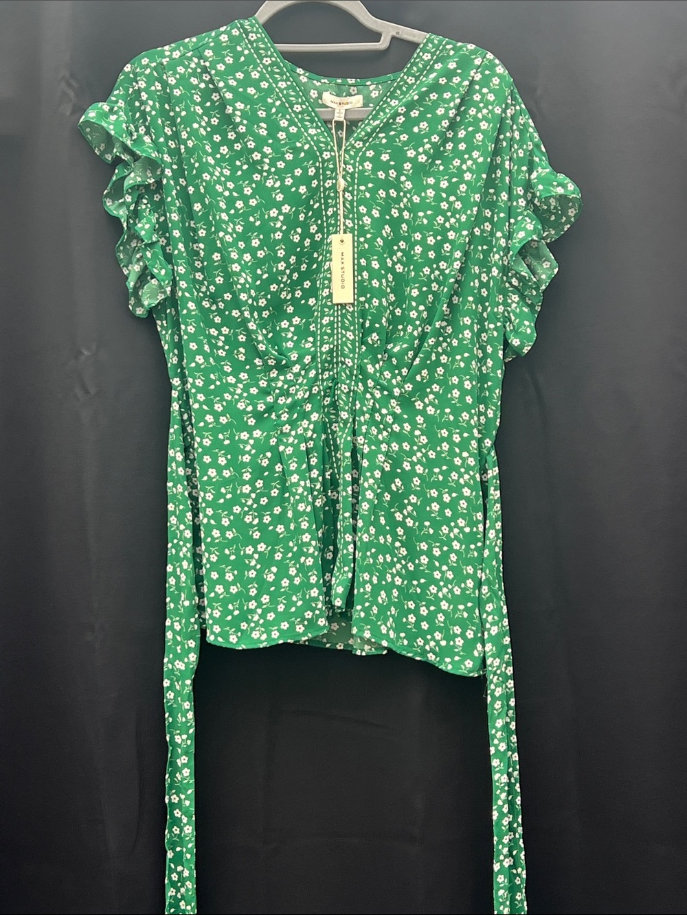 Max Studio Emerald Green Floral Tie-Front Ruffle Sleeve Top